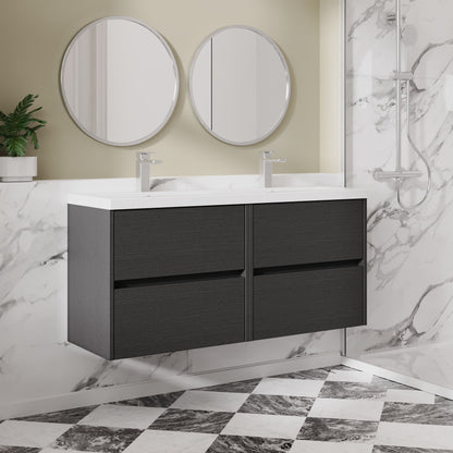 Nuie Havana 1200mm Graphite Grey Woodgrain Wall Hung 4 Drawer Vanity Unit With Double Ceramic Basin