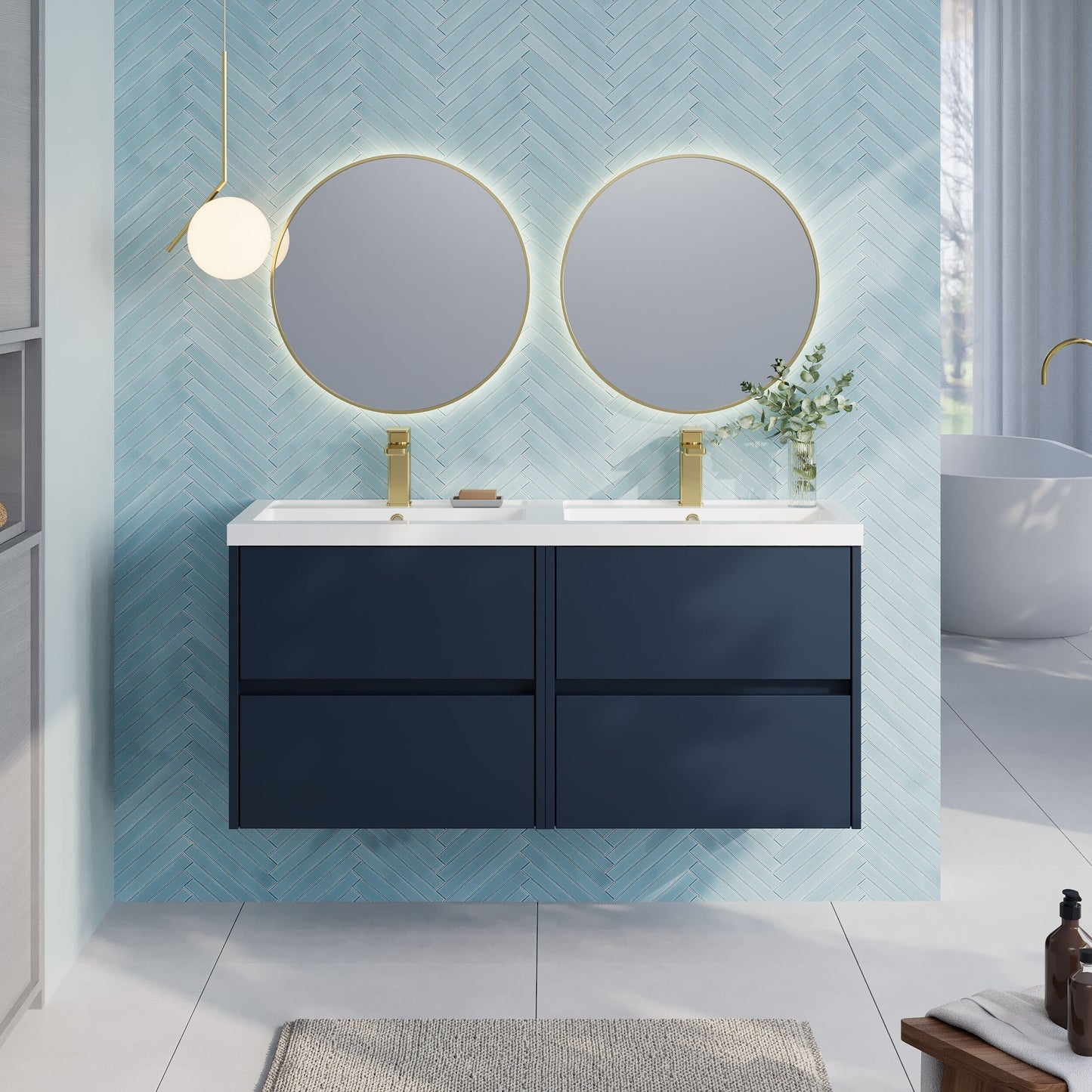 Nuie Havana 1200mm Midnight Blue Wall Hung 4-Drawer Vanity Unit with Double Basin