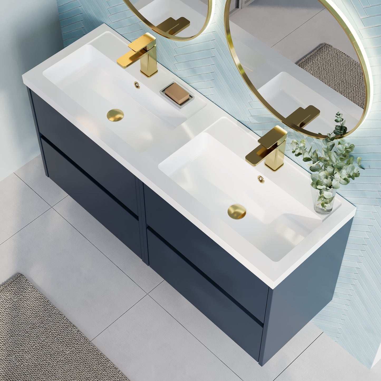 Nuie Havana 1200mm Midnight Blue Wall Hung 4-Drawer Vanity Unit with Double Basin