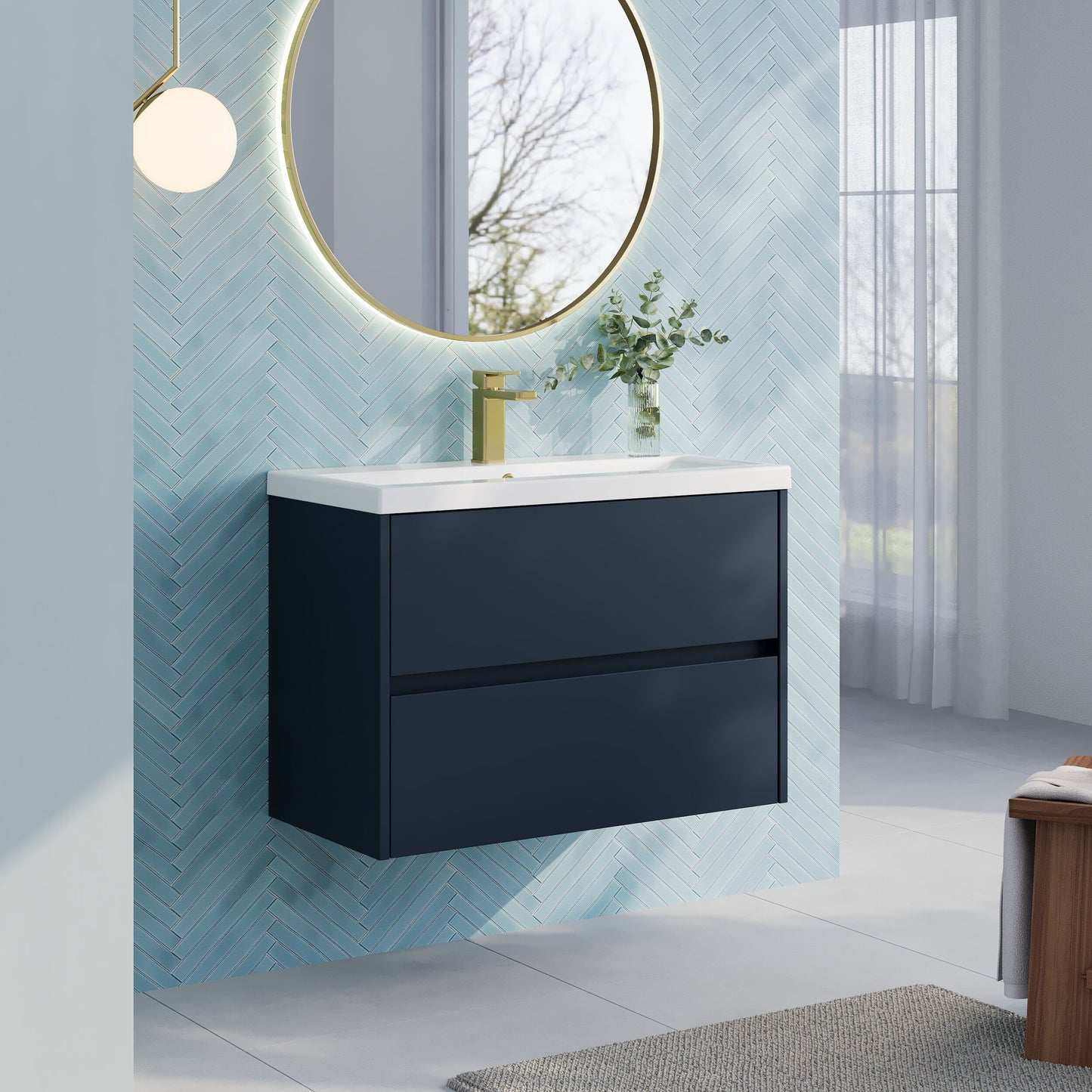 Nuie Havana 800mm Midnight Blue Wall Hung 2-Drawer Vanity Unit With Basin