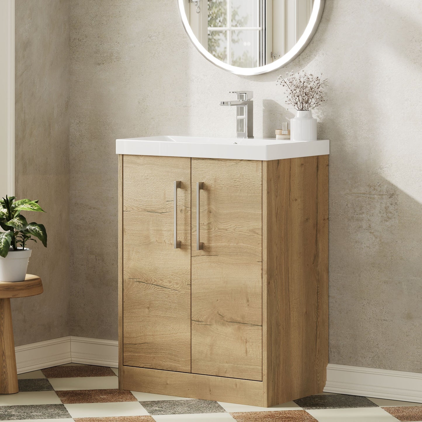 Hudson Reed Juno 600mm Autumn Oak Floor Standing 2-Door Vanity Unit with 1 Tap Hole Basin