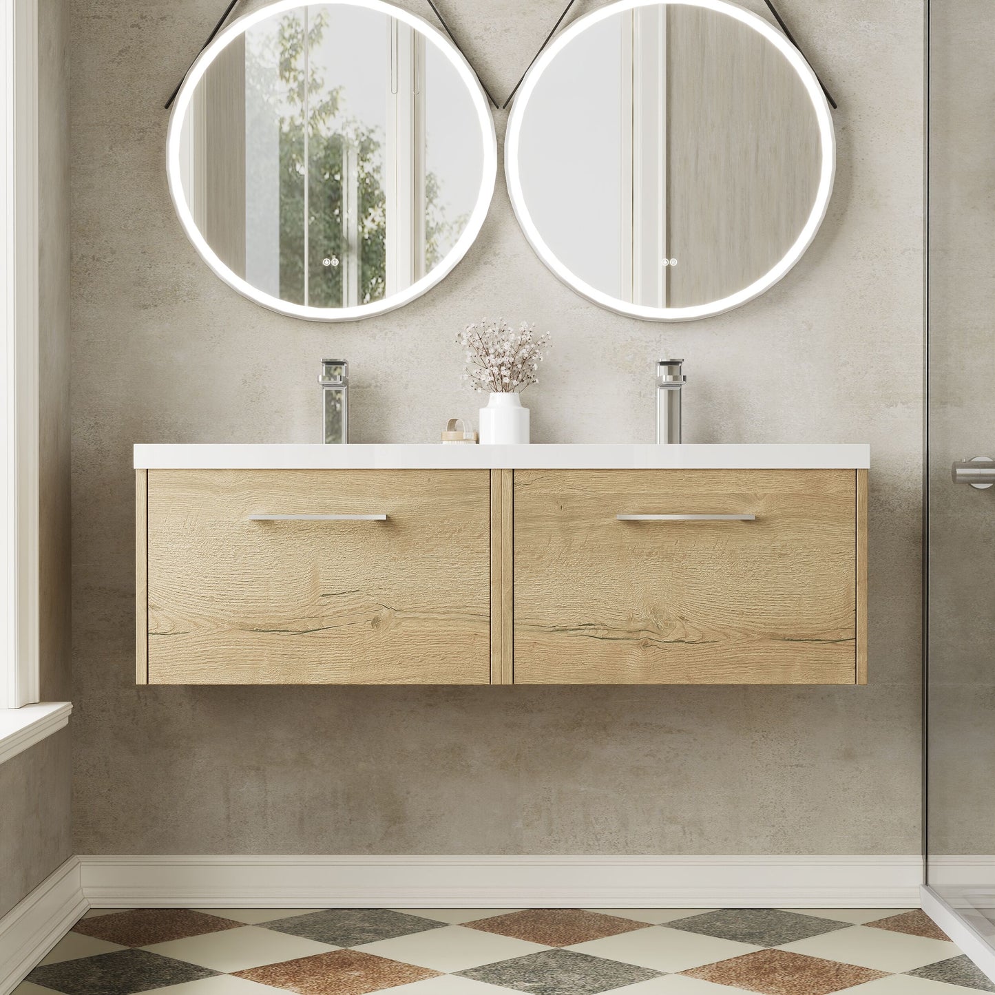 Hudson Reed Juno 1200mm Autumn Oak Wall Hung 2-Drawer Vanity Unit with Double Basin