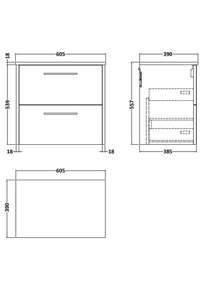 Hudson Reed Juno 600mm Wall Hung 2-Drawer Vanity Unit Including Worktop With Handles