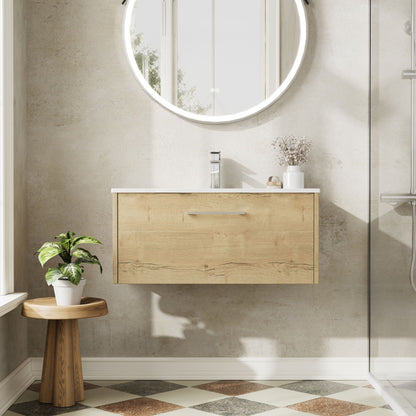 Hudson Reed Juno 800mm Autumn Oak Wall Hung Single Drawer Vanity Unit with Basin