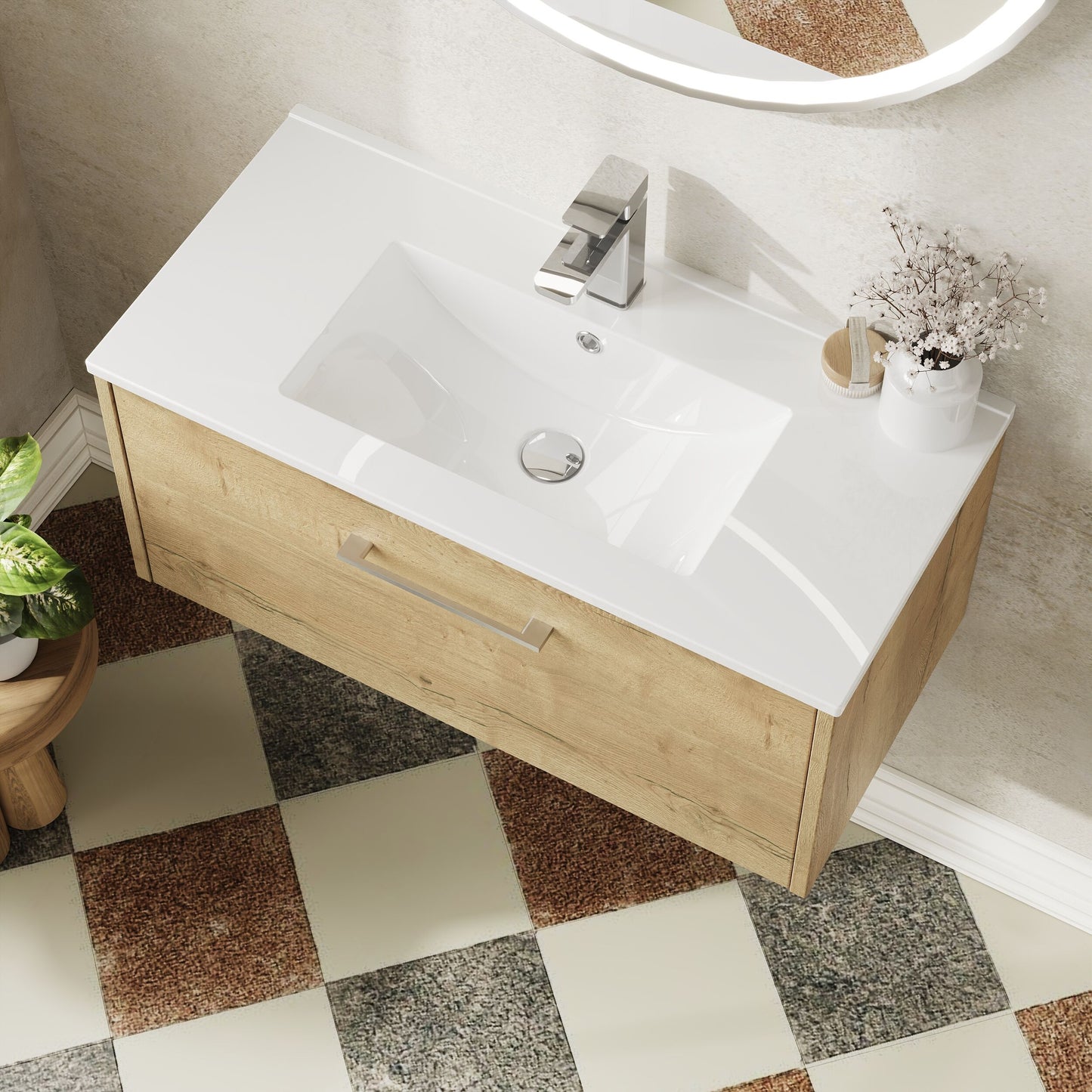 Hudson Reed Juno 800mm Autumn Oak Wall Hung Single Drawer Vanity Unit with Basin