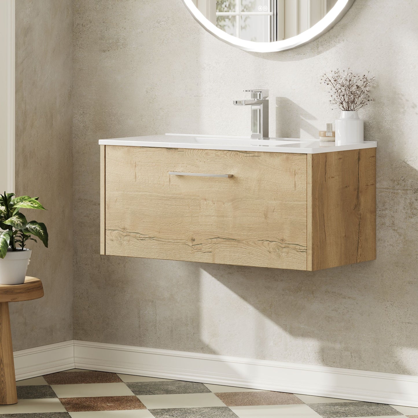Hudson Reed Juno 800mm Autumn Oak Wall Hung Single Drawer Vanity Unit with Basin
