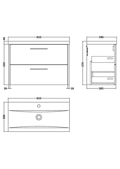 Hudson Reed Juno 800mm Wall Hung 2-Drawer Vanity Unit with 1 Tap Hole Basin