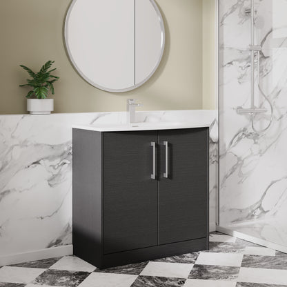 Hudson Reed Juno 800mm Graphite Grey Woodgrain Floor Standing 2-Door Vanity Unit Including Basin