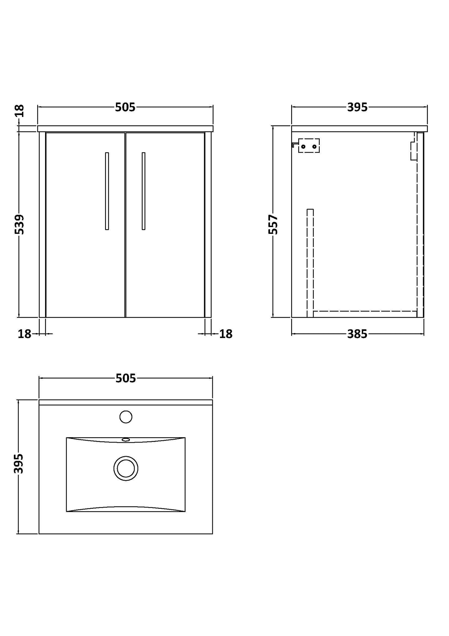 Hudson Reed Juno 500mm Wall Hung 2-Door Vanity Unit with 1 Tap Hole Basin