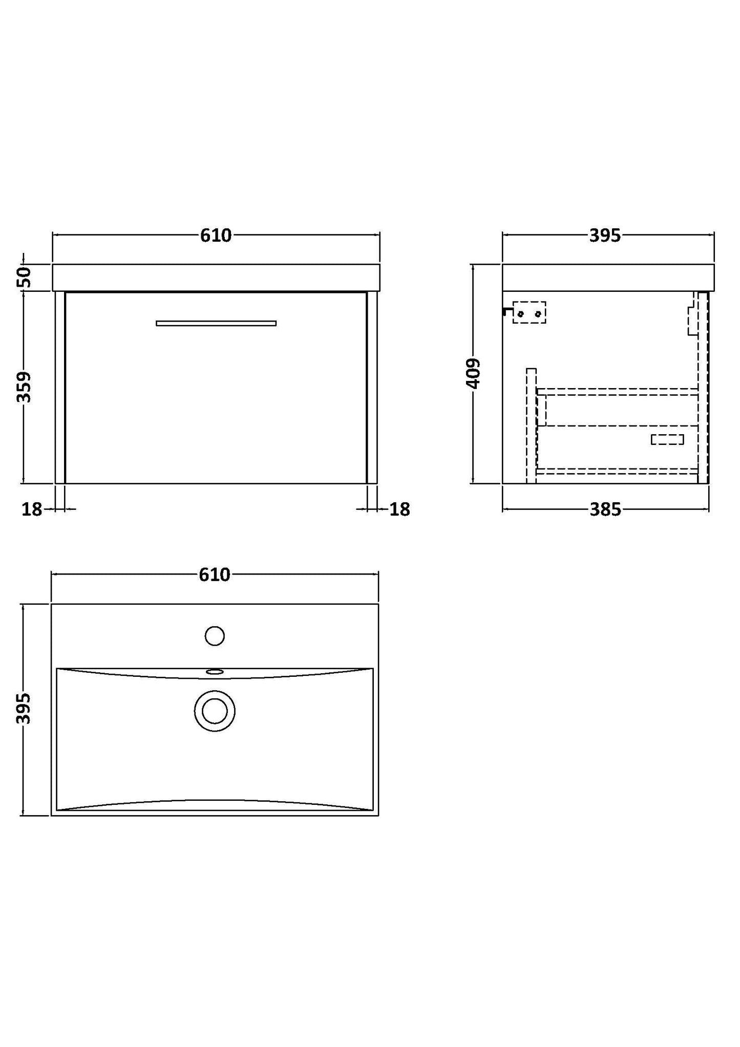 Hudson Reed Juno 600mm Wall Hung Single Drawer Vanity Unit With Thin-Edge 1 Tap Hole Basin