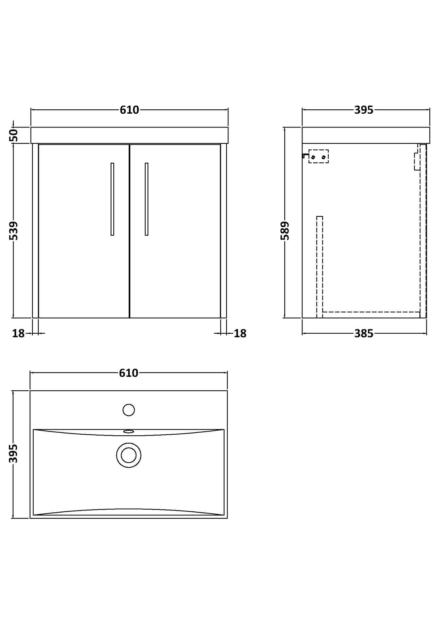 Hudson Reed Juno 600mm Wall Hung 2 Door Vanity Unit with 1 Tap Hole Basin