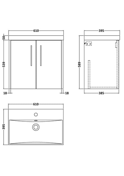 Hudson Reed Juno 600mm Wall Hung 2 Door Vanity Unit with 1 Tap Hole Basin