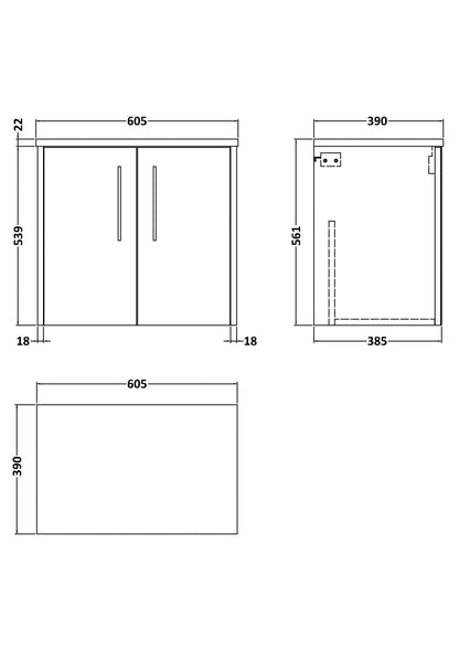 Hudson Reed Juno 600mm Wall Hung Graphite Grey Woodgrain 2-Door Vanity Unit With Laminate Worktop