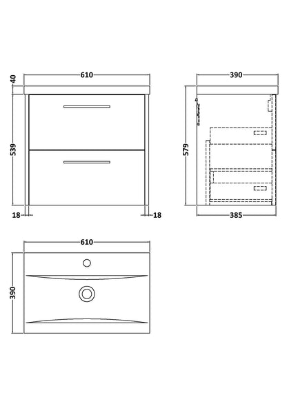 Hudson Reed Juno 600mm Graphite Grey Wall Hung 2-Drawer Vanity Unit with Basin