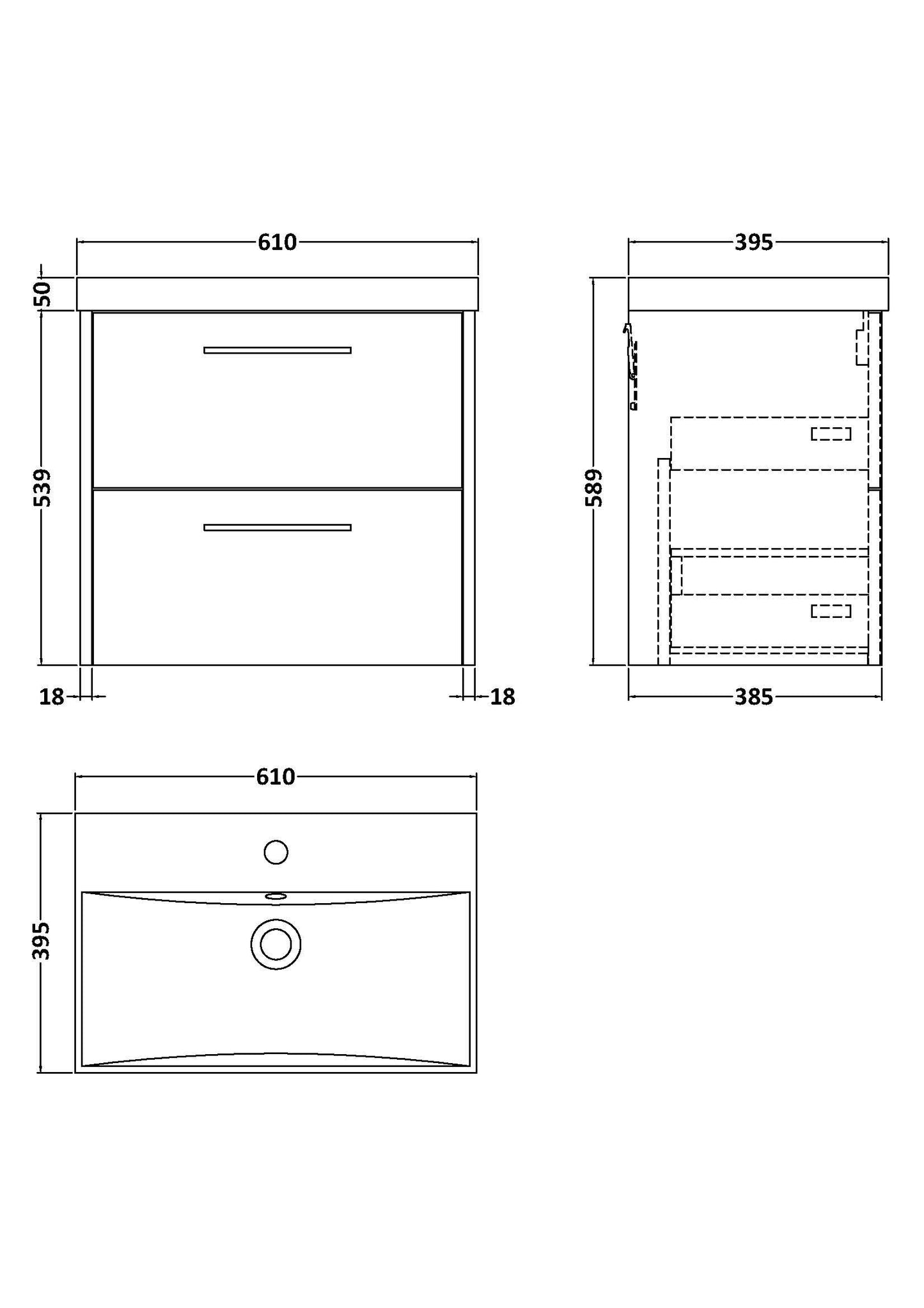 Hudson Reed Juno 600mm Graphite Grey Wall Hung 2-Drawer Vanity Unit with Thin-Edge 1 Tap Hole Basin