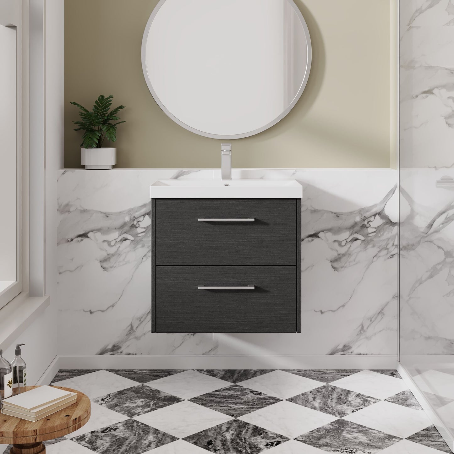 Hudson Reed Juno 600mm Graphite Grey Wall Hung 2-Drawer Vanity Unit with Thin-Edge 1 Tap Hole Basin