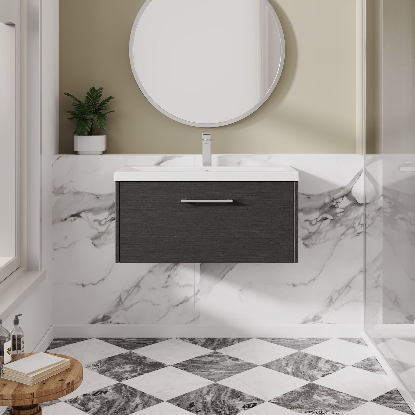 Hudson Reed Juno 800mm Graphite Grey Wall Hung Single Drawer Vanity Unit with 1 Tap Hole Basin