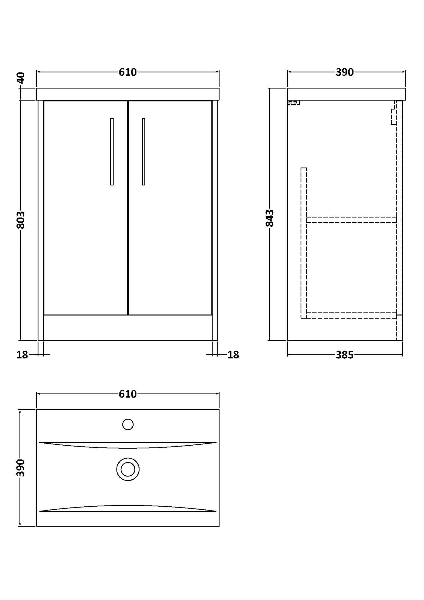 Hudson Reed Juno 600mm Floor Standing 2-Door Vanity Unit with 1 Tap Hole Basin