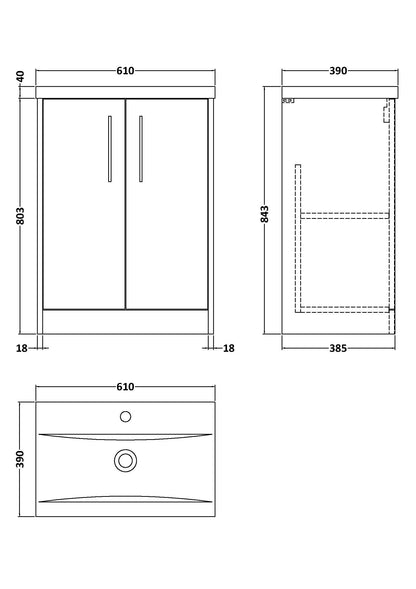 Hudson Reed Juno 600mm Floor Standing 2-Door Vanity Unit with 1 Tap Hole Basin