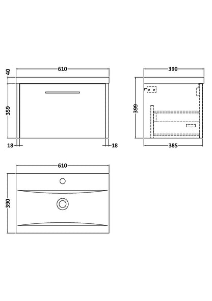 Hudson Reed Juno 600mm Coastal Grey Wall Hung Single Drawer Vanity Unit With 1 Tap Hole Basin