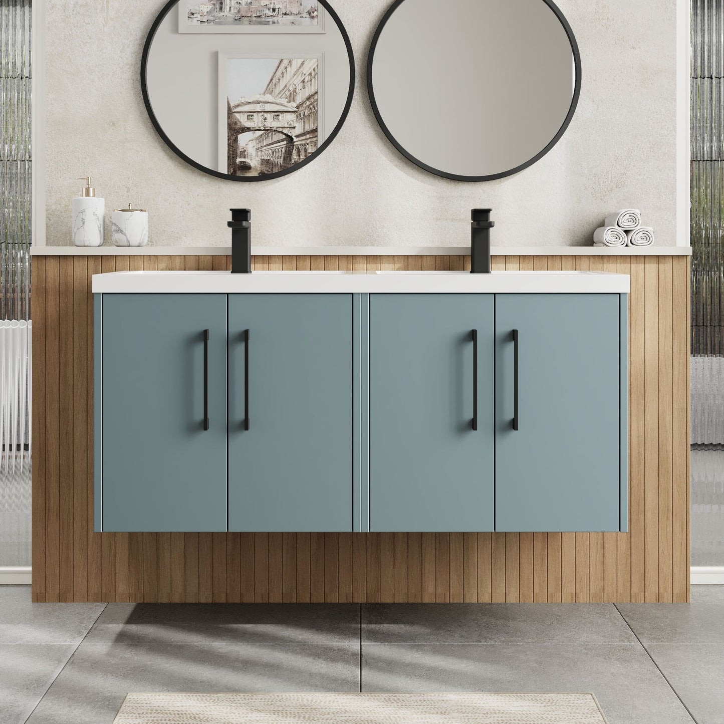 Hudson Reed Juno 1200mm Wall Hung Coastal Grey 4-Door Double Basin Vanity Unit
