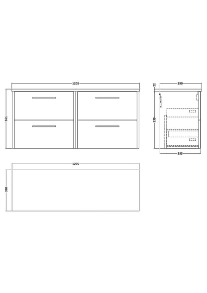 Hudson Reed Juno 1200mm Wall Hung 4-Drawer Vanity Unit Including Laminate Worktop & Handles