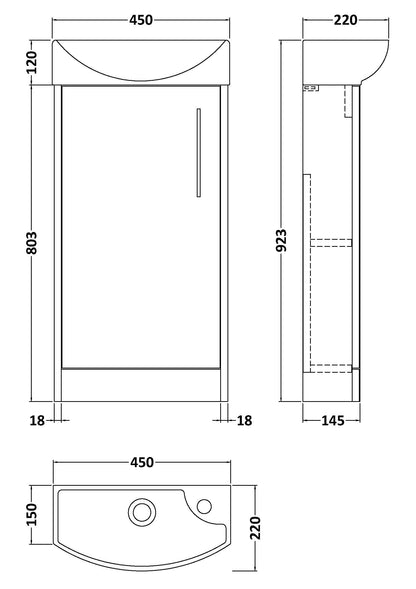 Juno Compact Floor Standing 1 Door Unit & 1 Tap Hole Ceramic Basin Left Hand, 440mm