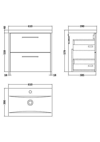 Hudson Reed Juno 610mm Wall Hung 2 Drawer Vanity Unit with Ceramic Basin