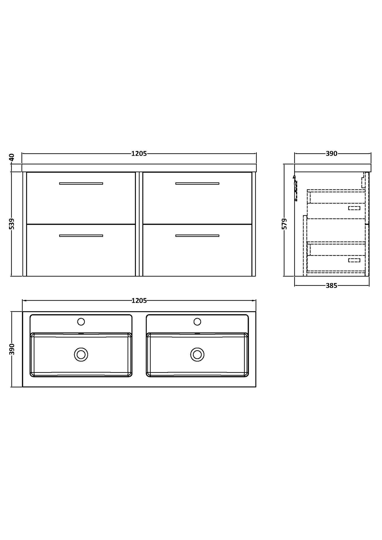 Hudson Reed Juno 1200mm Wall Hung 4 Drawer Vanity Unit with Double Basin