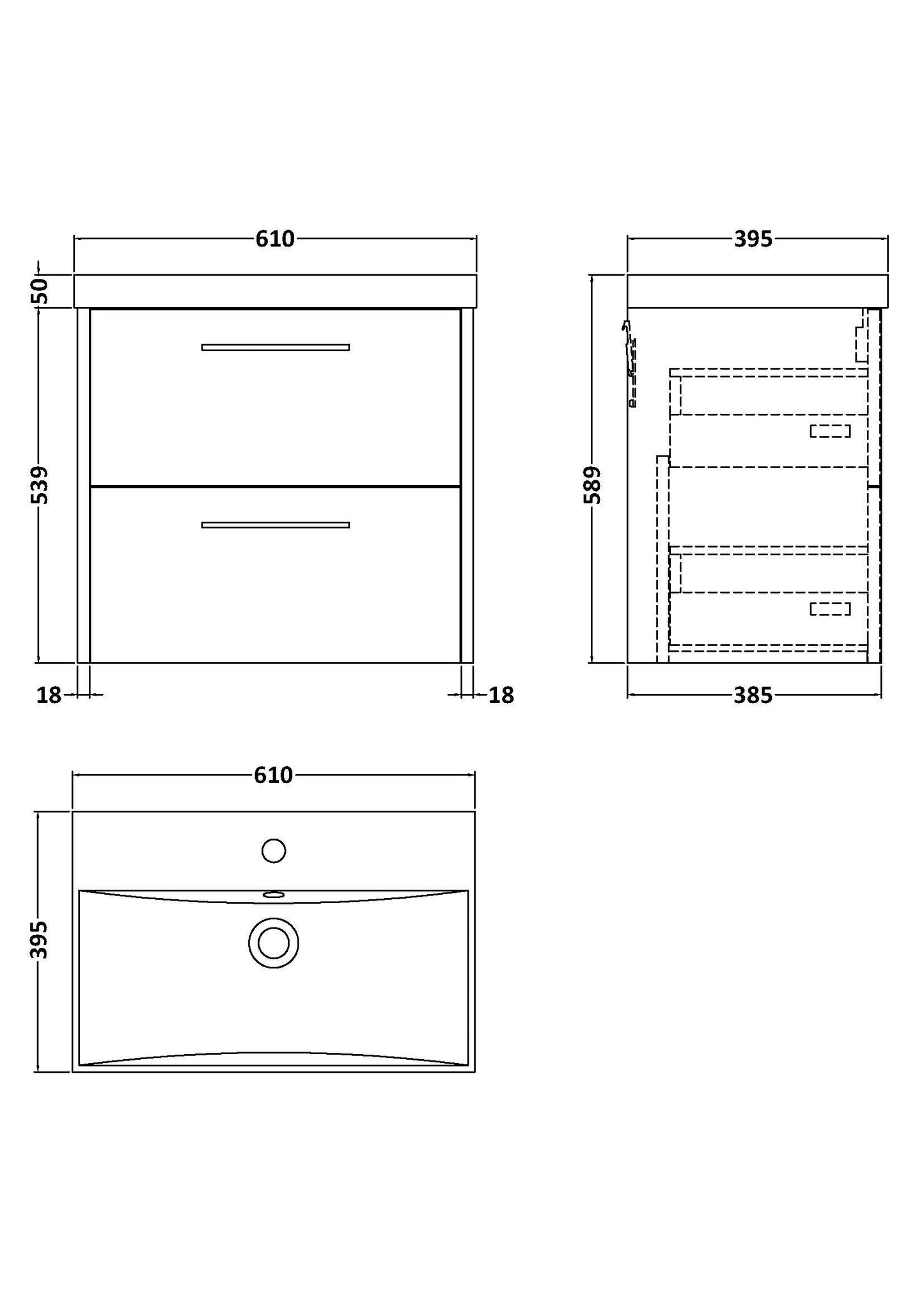 Hudson Reed Juno 610mm Metallic Slate Wall Hung 2 Drawer Vanity Unit with Basin