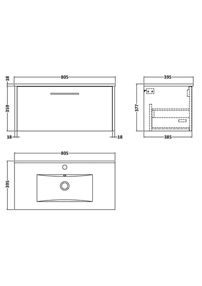 Hudson Reed Juno 800mm Wall Hung 1 Drawer Vanity Unit with Basin