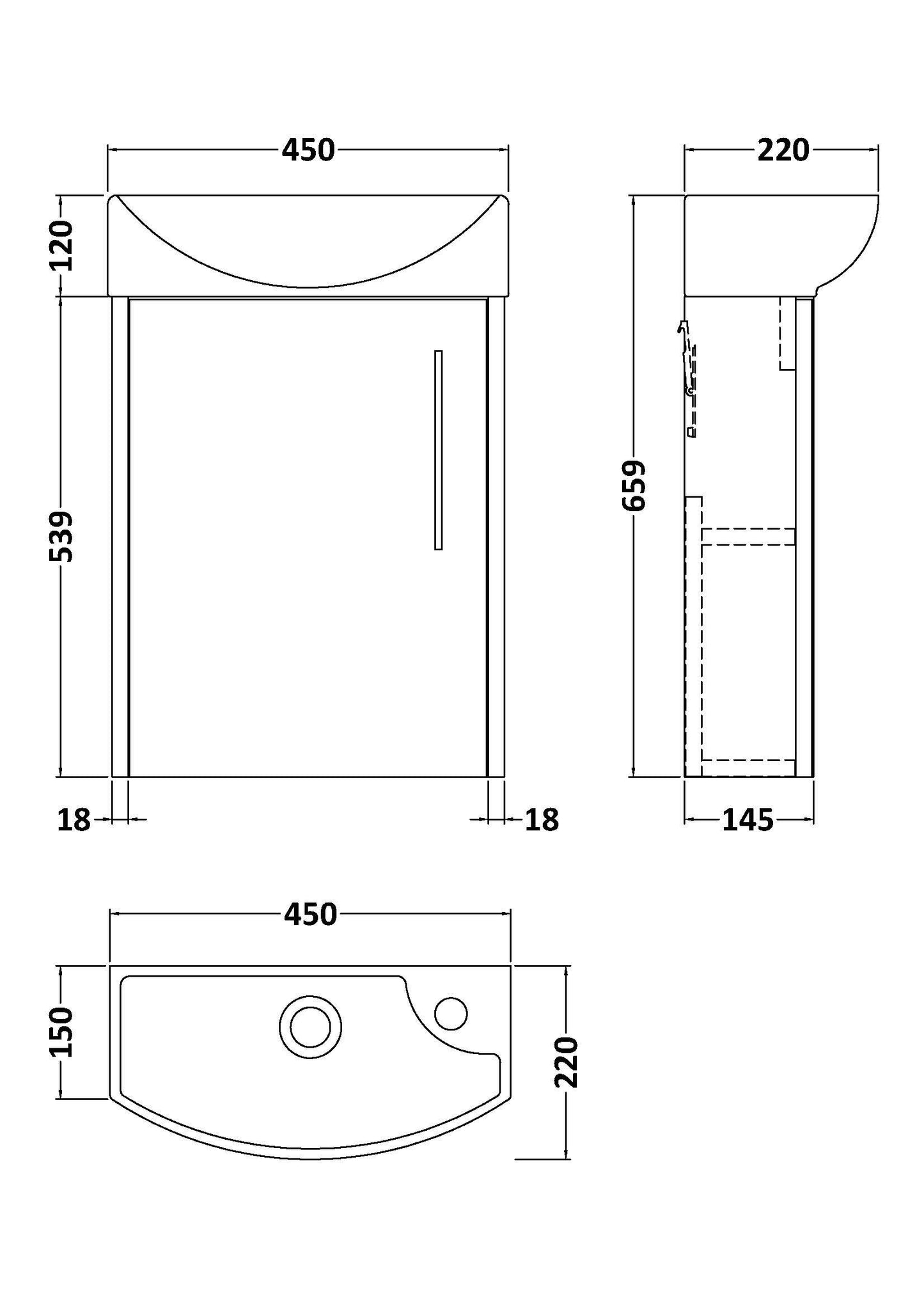 Hudson Reed Juno Compact 450mm Left Hand Wall Hung 1 Door Basin Unit