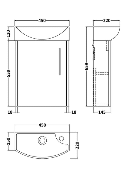 Hudson Reed Juno Compact 450mm Left Hand Wall Hung 1 Door Basin Unit