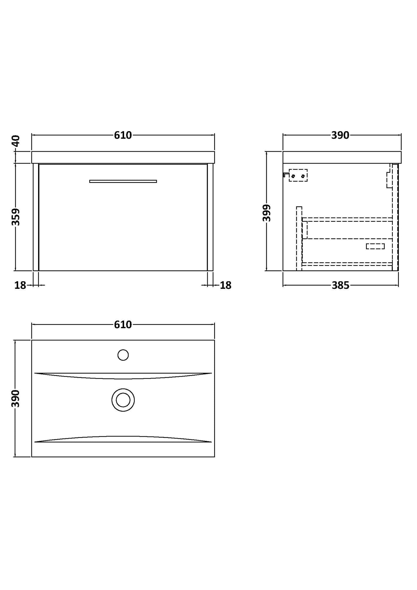 Hudson Reed Juno 600mm Wall Hung Single Drawer Vanity & Basin With Soft Close Drawers