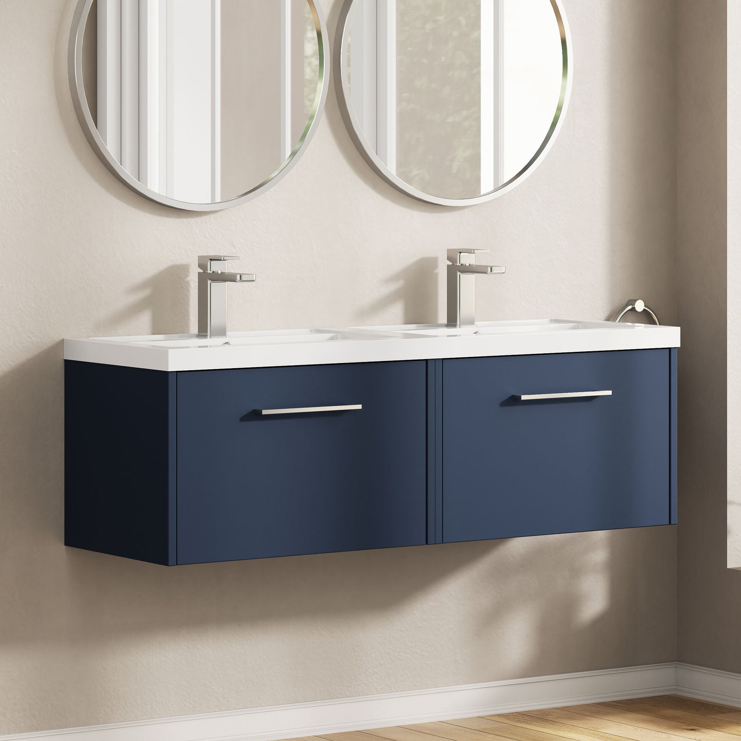 Hudson Reed Juno 1200mm Midnight Blue Wall Hung 2-Drawer Vanity Unit with Double 2 Tap Hole Basin