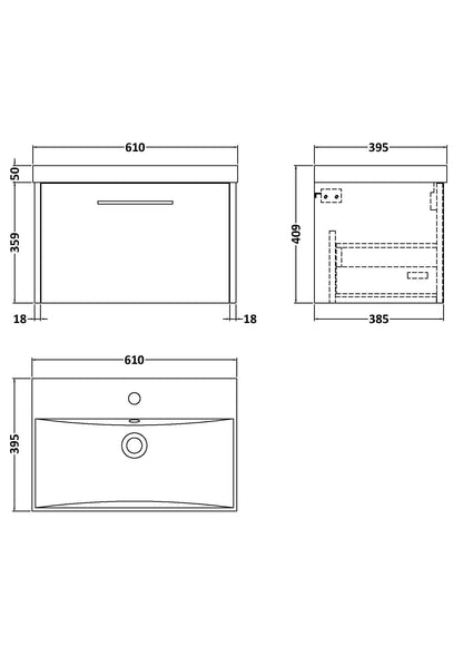 Hudson Reed Juno 600mm Midnight Blue Wall Hung Single Drawer Vanity Unit With Soft Close Drawer & Basin