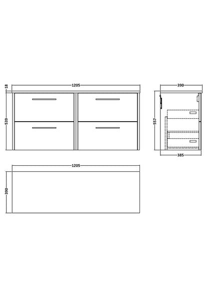 Hudson Reed Juno 1200mm Wall Hung 4-Drawer Vanity Unit With Worktop