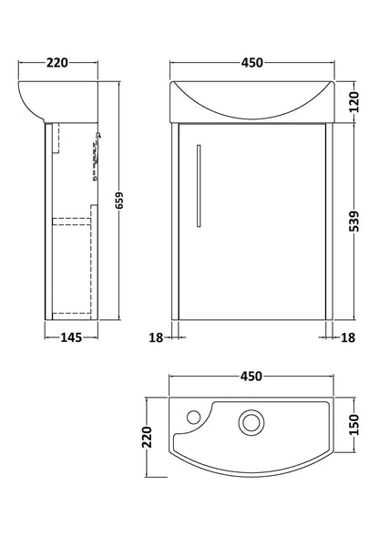 Hudson Reed Juno Compact 440mm Wall Hung Vanity Unit With 1 Tap Hole Basin