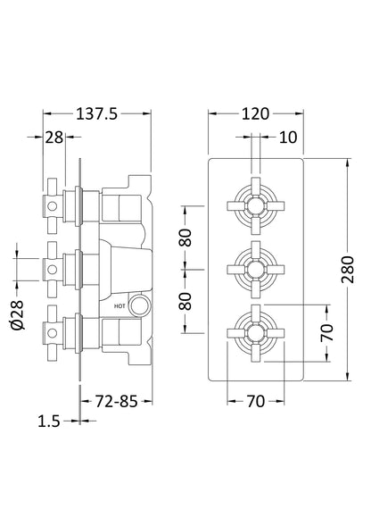 Tec Crosshead Triple Thermostatic Shower Valve With Diverter Brushed Brass