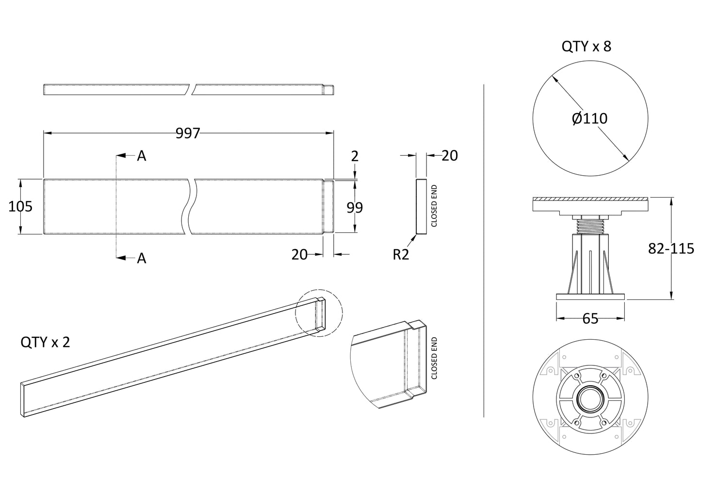 Nuie 1000mm Square White Leg Set With Plinth, Legs, Clips & Screws
