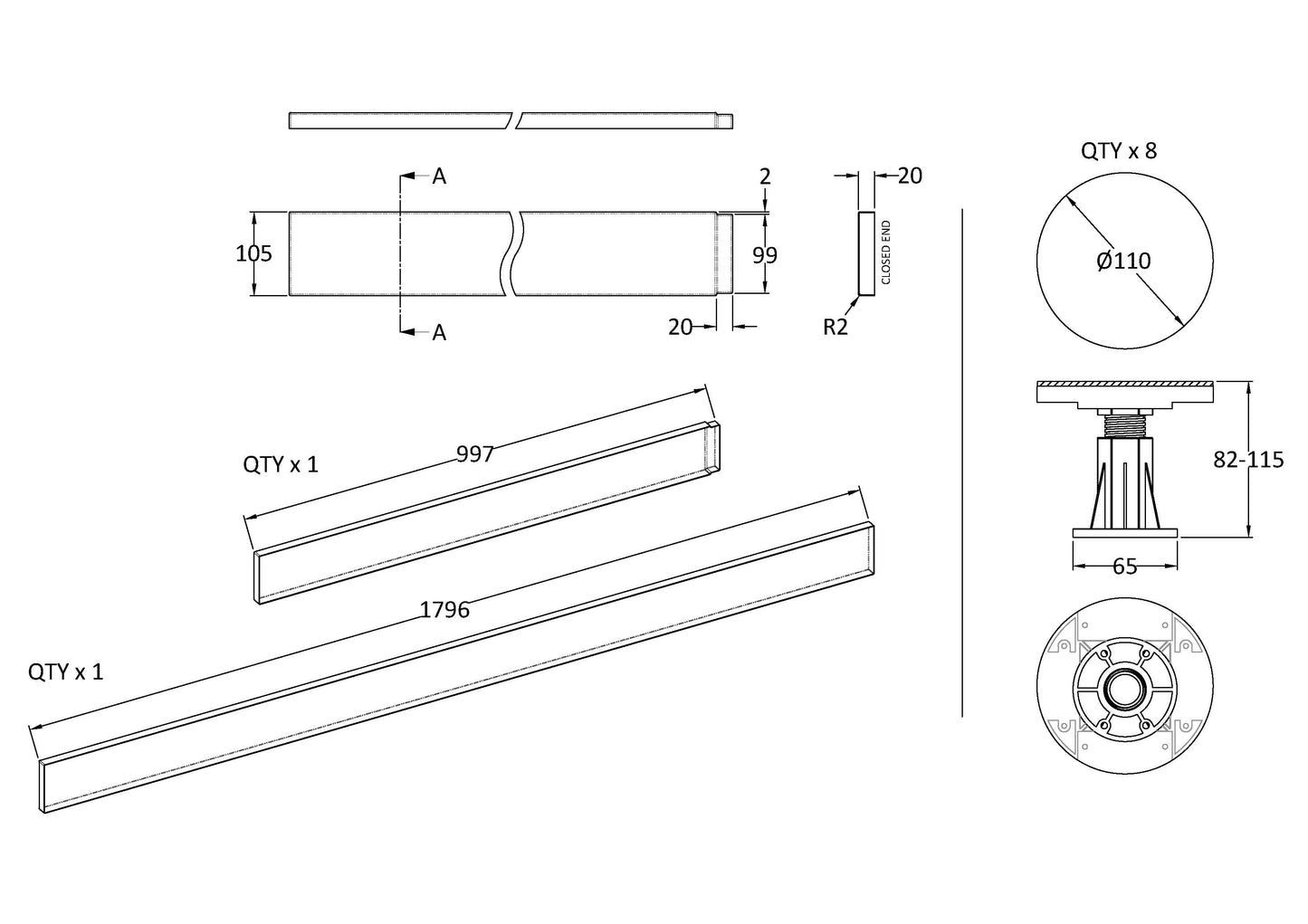 Nuie 1100mm Rectangular White Leg Set With Plinth, Legs, Clips & Screws