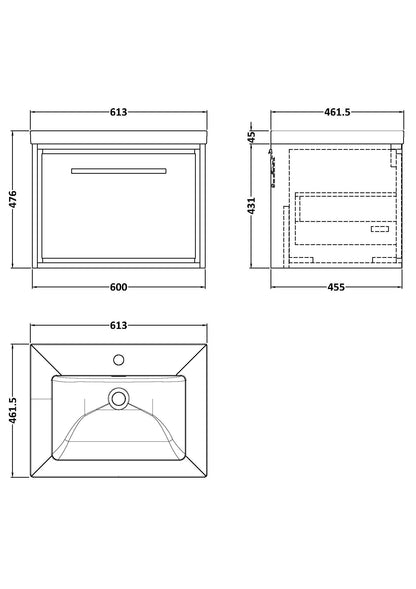 Lille 600mm Wall Hung Single Drawer Vanity with Basin - 1 Tap Hole
