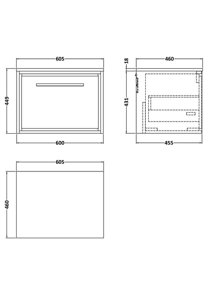 Hudson Reed Lille 600mm Wall Hung Single Drawer Vanity Unit With Worktop With Soft Close Drawers