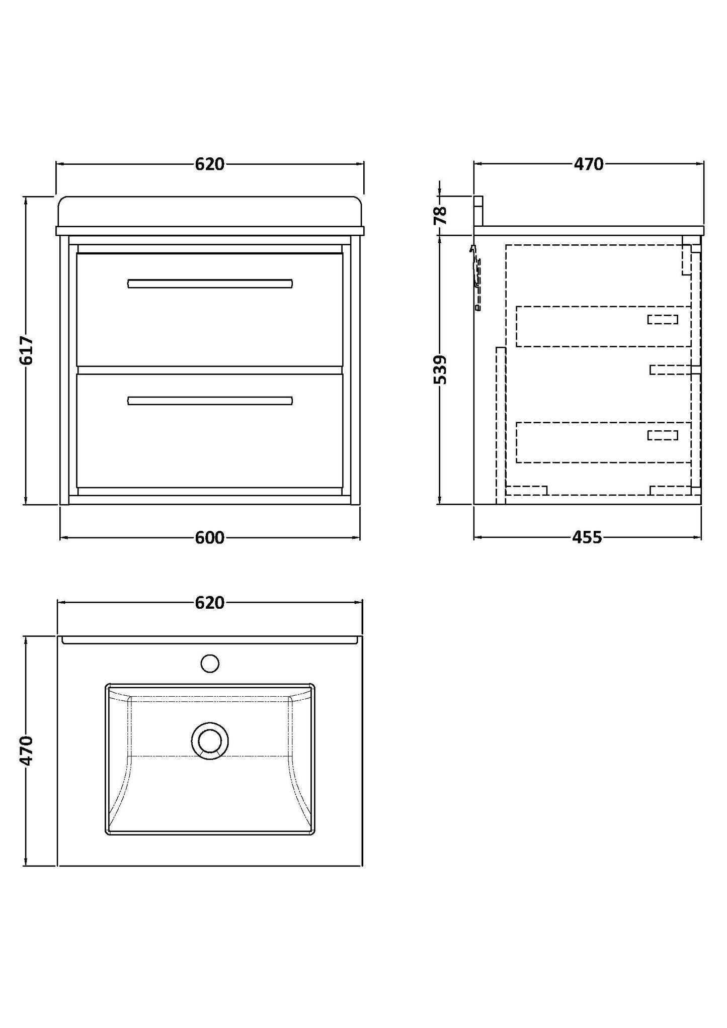 Hudson Reed Lille 600mm Wall Hung 2-Drawer Vanity Unit With Marble Top Basin