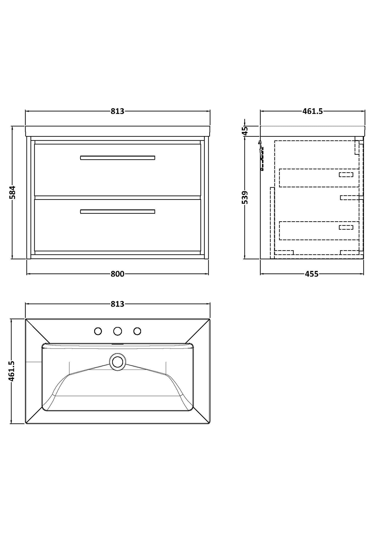 Lille 800mm Wall Hung 2-Drawer Vanity with Basin - 3 Tap Hole