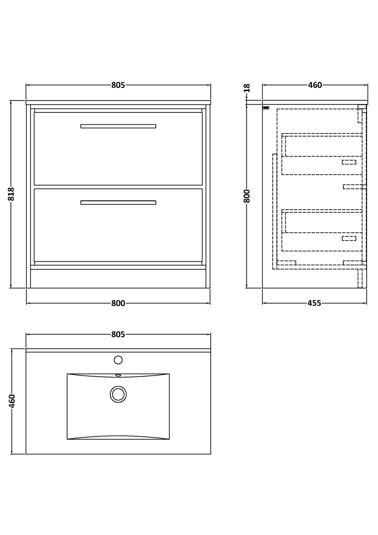 Lille 800mm Floor Standing 2-Drawer Vanity with Basin - 1 Tap Hole