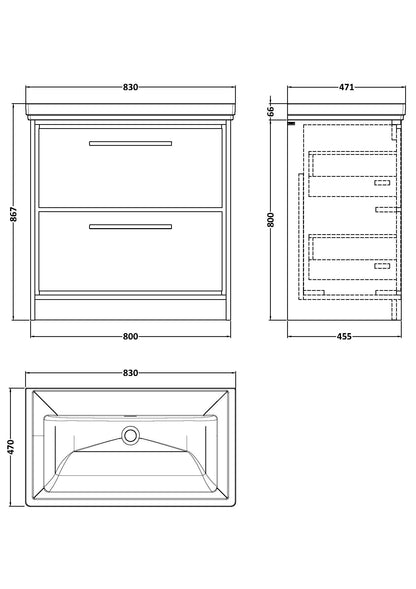Lille 800mm Floor Standing 2-Drawer Vanity with Basin - 0 Tap Hole