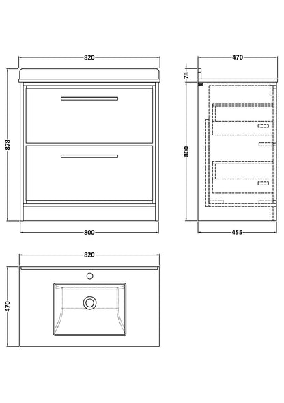 Hudson Reed Lille 800mm Graphite Grey Woodgrain Floor 2-Drawer Vanity With Marble Underslung Basin
