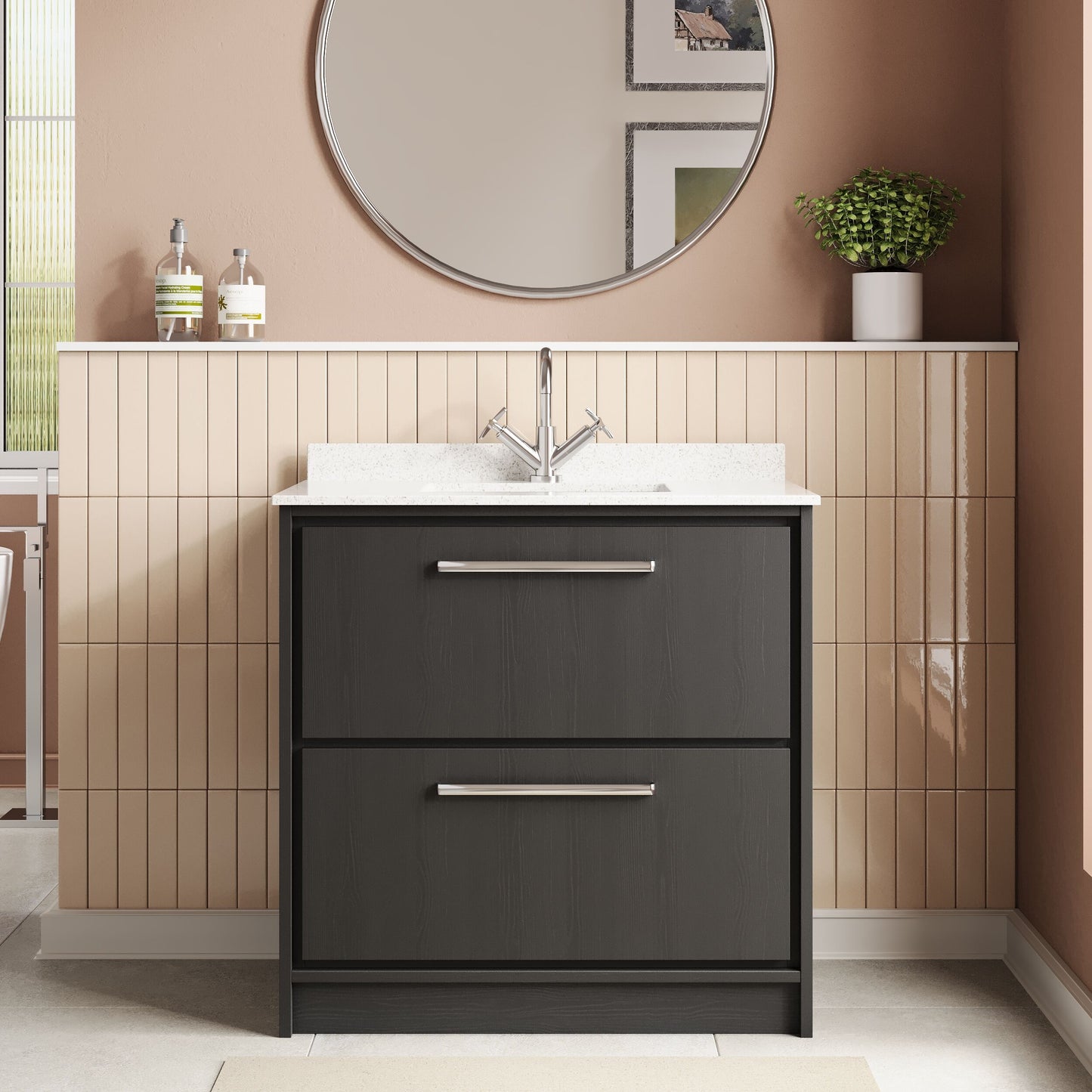 Hudson Reed Lille 800mm Graphite Grey Woodgrain Floor 2-Drawer Vanity With Marble Underslung Basin