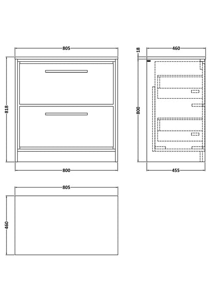 Hudson Reed Lille 800mm Graphite Grey Woodgrain Floor Standing 2-Drawer Vanity Unit With Worktop